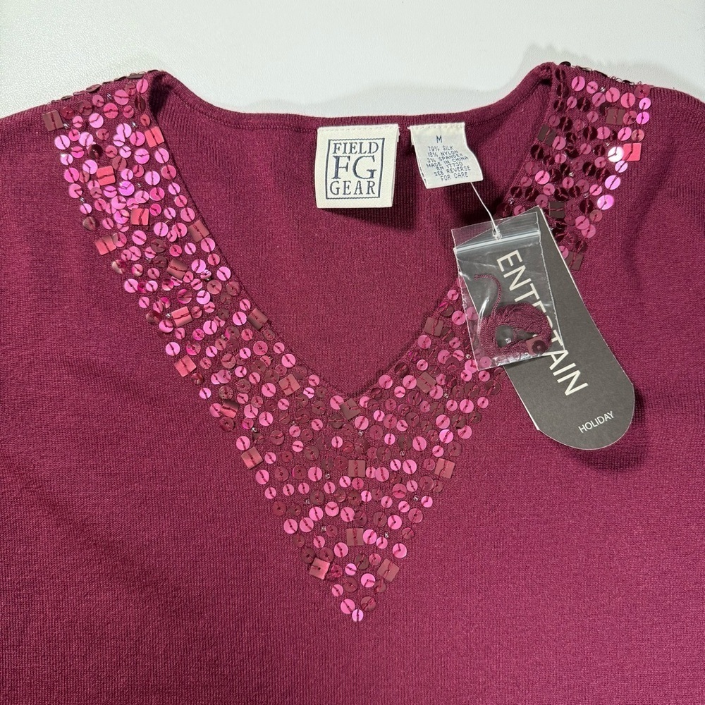 NWT Field Gear Women’s Bristol Ruby Red V-Neck Pullover Beaded Silk Sweater M - Picture 3 of 5